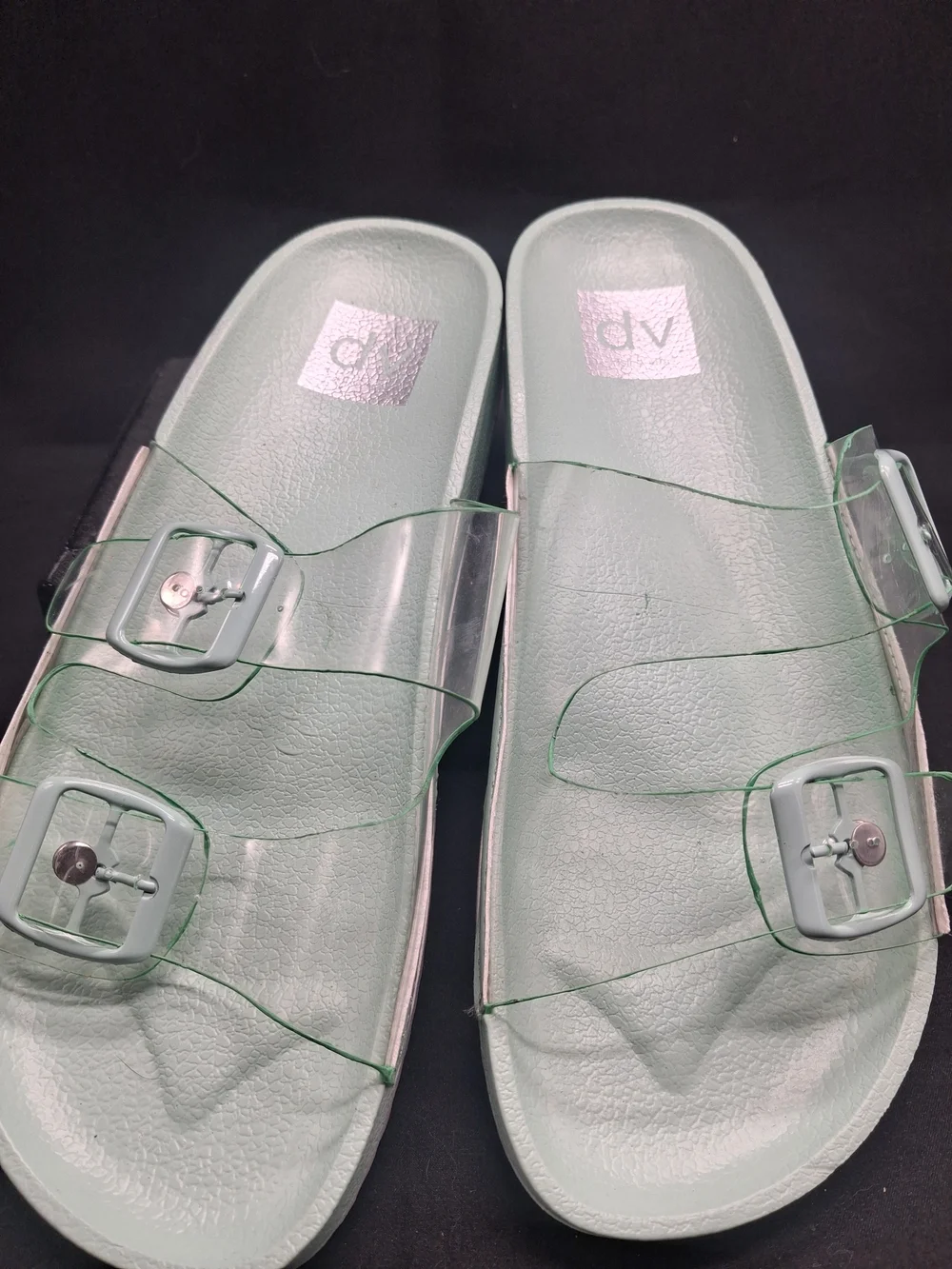 Dolce Vita Mint Green Clear Double Buckle Espadrille Slides